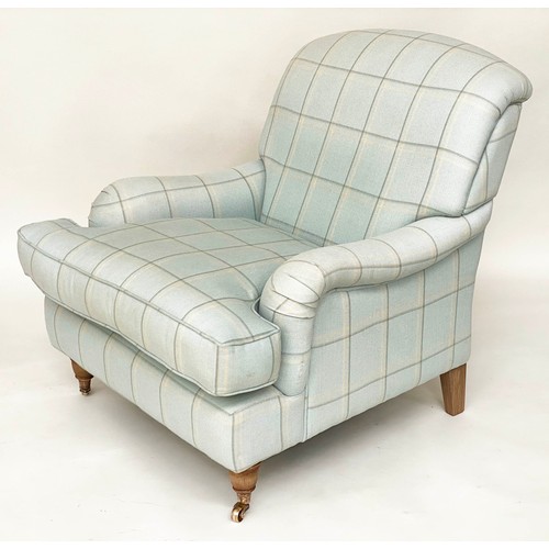 236 - HOWARD STYLE ARMCHAIR, with cotton linen union check upholstery with rounded back and arms and turne... 