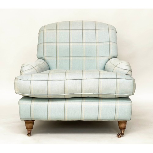 236 - HOWARD STYLE ARMCHAIR, with cotton linen union check upholstery with rounded back and arms and turne... 