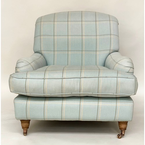 236 - HOWARD STYLE ARMCHAIR, with cotton linen union check upholstery with rounded back and arms and turne... 