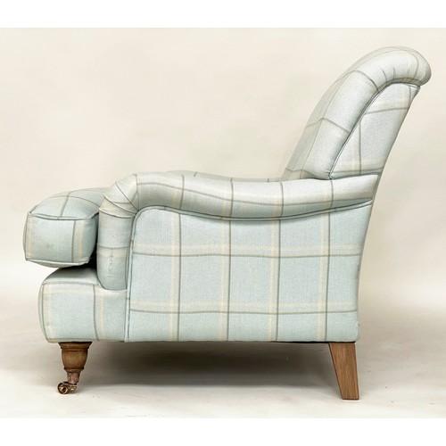 236 - HOWARD STYLE ARMCHAIR, with cotton linen union check upholstery with rounded back and arms and turne... 