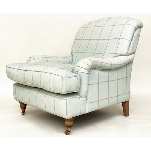 236 - HOWARD STYLE ARMCHAIR, with cotton linen union check upholstery with rounded back and arms and turne... 