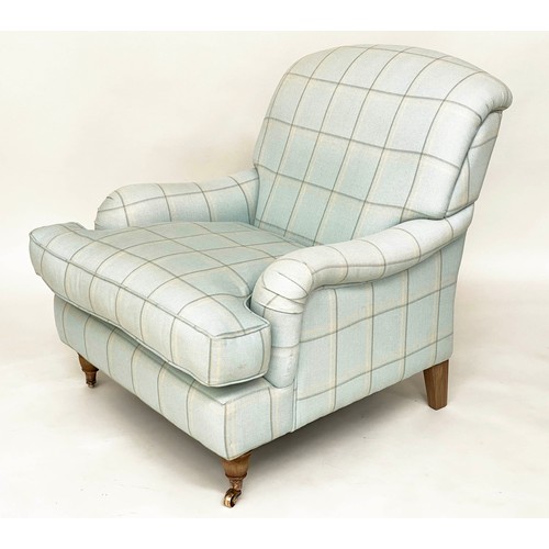 236 - HOWARD STYLE ARMCHAIR, with cotton linen union check upholstery with rounded back and arms and turne... 