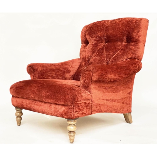 142 - HOWARD STYLE ARMCHAIR, deep button back with chenille velvet upholstery scroll arms, and turned fron... 