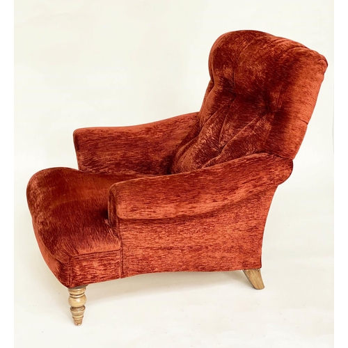 142 - HOWARD STYLE ARMCHAIR, deep button back with chenille velvet upholstery scroll arms, and turned fron... 