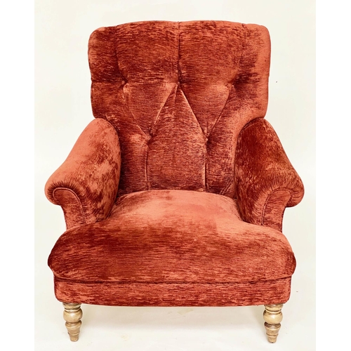 142 - HOWARD STYLE ARMCHAIR, deep button back with chenille velvet upholstery scroll arms, and turned fron... 