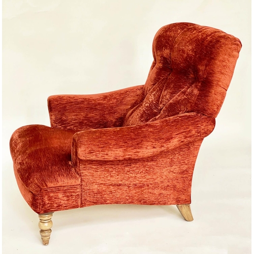 142 - HOWARD STYLE ARMCHAIR, deep button back with chenille velvet upholstery scroll arms, and turned fron... 