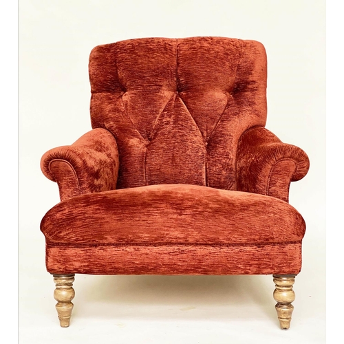 142 - HOWARD STYLE ARMCHAIR, deep button back with chenille velvet upholstery scroll arms, and turned fron... 