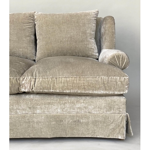 238 - DONGHIA CLASSIC SOFA, neutral velvet upholstery, feather filled cushions and rounded arms, 215cm W.