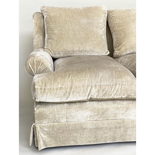 238 - DONGHIA CLASSIC SOFA, neutral velvet upholstery, feather filled cushions and rounded arms, 215cm W.