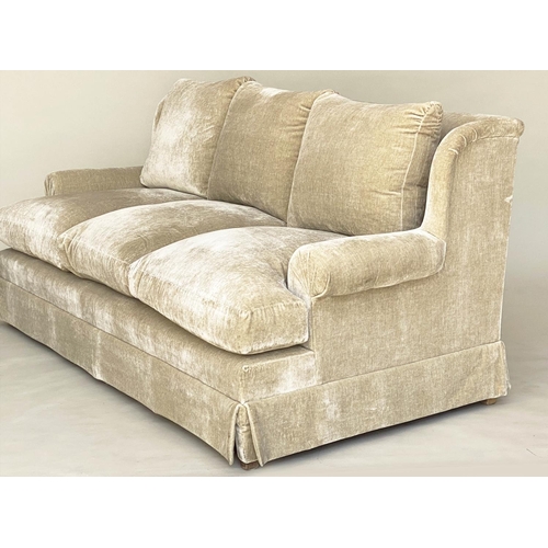 238 - DONGHIA CLASSIC SOFA, neutral velvet upholstery, feather filled cushions and rounded arms, 215cm W.