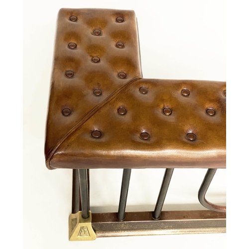 239 - ADJUSTABLE CLUB FENDER, Country house style brass with buttoned brown leather seat pads, 51cm H x 43... 