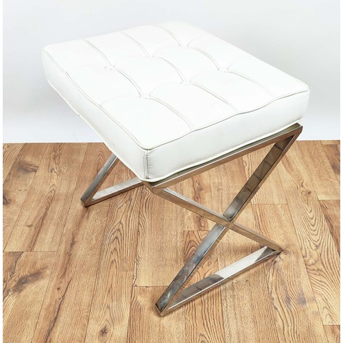 436 - SIDE STOOL, loose white upholstered cushion seat, polished metal X frame base, 50cm x 40cm x 50cm.