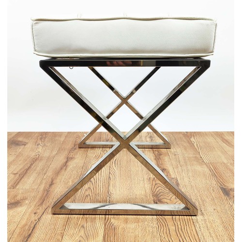 436 - SIDE STOOL, loose white upholstered cushion seat, polished metal X frame base, 50cm x 40cm x 50cm.