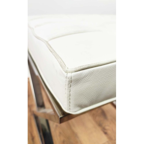 436 - SIDE STOOL, loose white upholstered cushion seat, polished metal X frame base, 50cm x 40cm x 50cm.