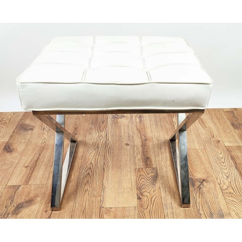 436 - SIDE STOOL, loose white upholstered cushion seat, polished metal X frame base, 50cm x 40cm x 50cm.