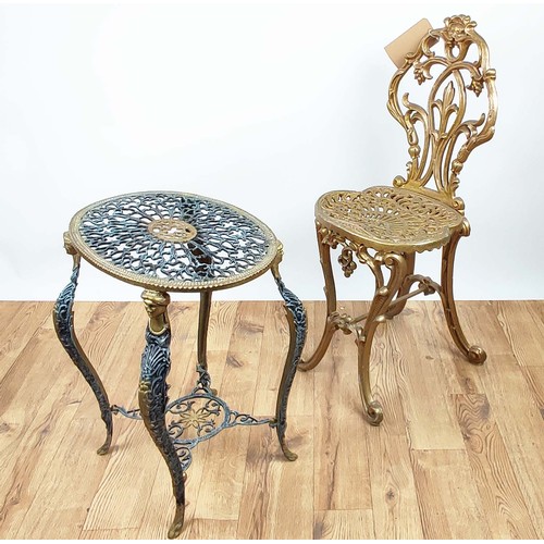 437 - CHAIR AND SIDE TABLE, Regency style, gilt painted pierced metal with contrasting colour detail to ta... 