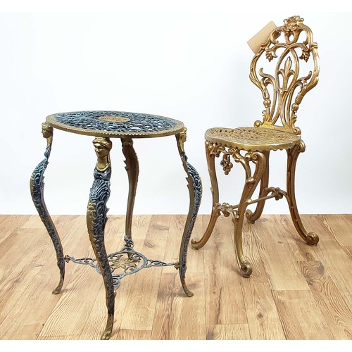 437 - CHAIR AND SIDE TABLE, Regency style, gilt painted pierced metal with contrasting colour detail to ta... 