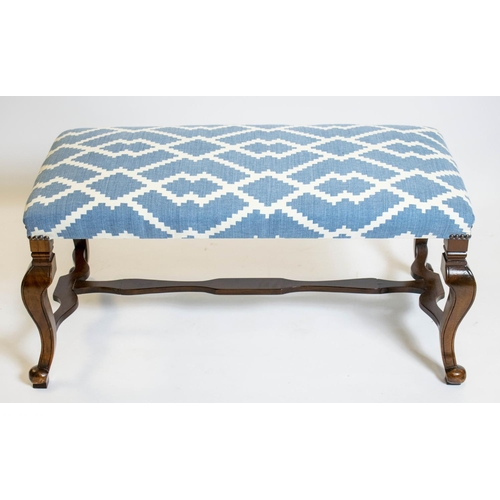 252 - STOOL, 43cm H x 94 W x 49cm D, walnut with blue geometric patterned upholstery.