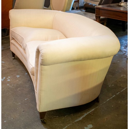 253 - CHESTERFIELD SOFA, 74cm H x 182cm W, Edwardian of concave form in white Herringbone fabric on brass ... 