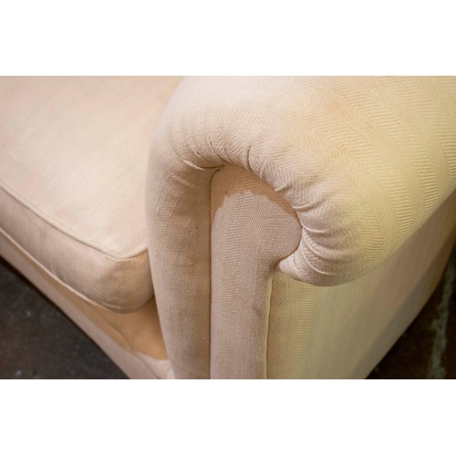 253 - CHESTERFIELD SOFA, 74cm H x 182cm W, Edwardian of concave form in white Herringbone fabric on brass ... 