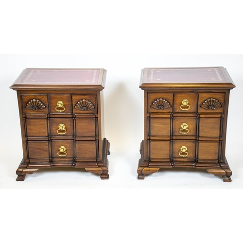 247 - BEDSIDE CHESTS, 61cm H x 57cm W x 41cm D, a pair, American style mahogany, each with red leather top... 