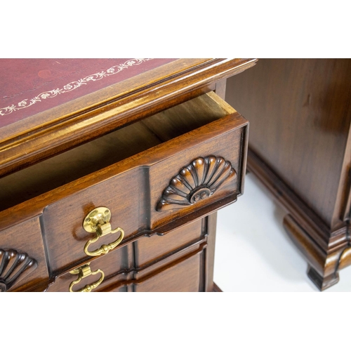 247 - BEDSIDE CHESTS, 61cm H x 57cm W x 41cm D, a pair, American style mahogany, each with red leather top... 