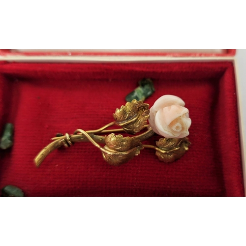 23 - AN 18CT GOLD FLOWER BROOCH, carved flower head, 4cm, 5.54 grams and a late Victorian yellow metal an... 