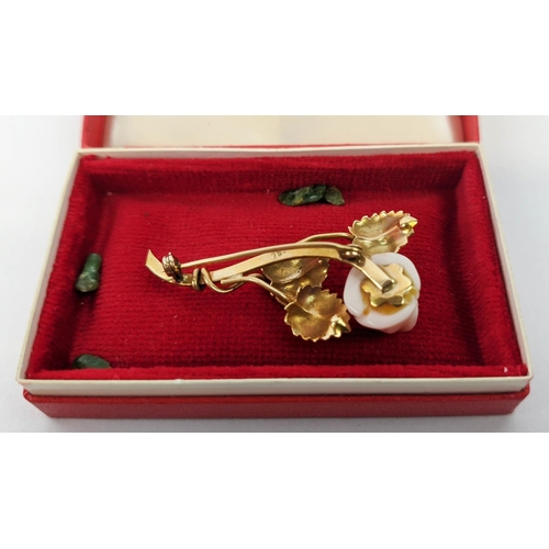 23 - AN 18CT GOLD FLOWER BROOCH, carved flower head, 4cm, 5.54 grams and a late Victorian yellow metal an... 