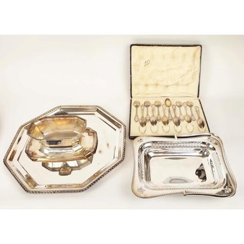 10 - AN ART DECO SILVER PLATED PART TABLEWARE SET, comprising tureen, sweet meat dish, plus various trays... 