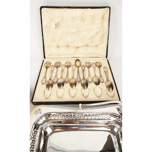 10 - AN ART DECO SILVER PLATED PART TABLEWARE SET, comprising tureen, sweet meat dish, plus various trays... 