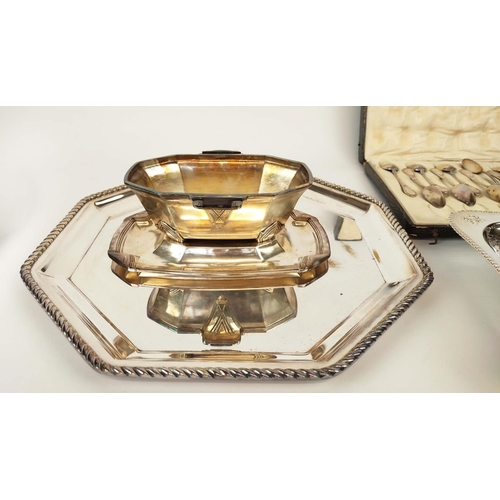 10 - AN ART DECO SILVER PLATED PART TABLEWARE SET, comprising tureen, sweet meat dish, plus various trays... 