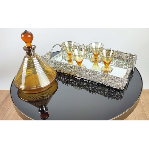 11 - VINTAGE AMBER COCKTAIL DECANTER with four glasses, with a number '16', on the base of the decanter a... 