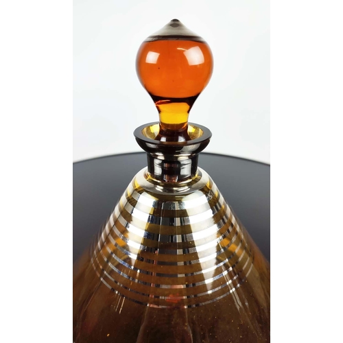 11 - VINTAGE AMBER COCKTAIL DECANTER with four glasses, with a number '16', on the base of the decanter a... 