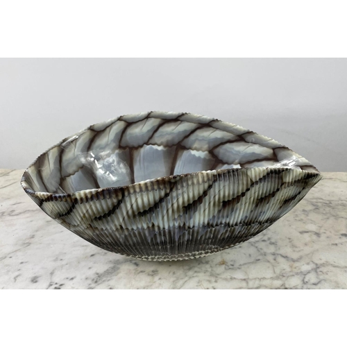 19 - LOUISE BRADLEY MURANO MOTHER OF PEARL VASES, two, a Murano 'seashell' ribbed glass centrepiece bowl ... 