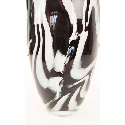 22 - A MURANO STYLE BLACK AND WHITE STUDIO GLASS VASE, two handled form, indistinctly signed to top rim, ... 