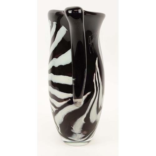 22 - A MURANO STYLE BLACK AND WHITE STUDIO GLASS VASE, two handled form, indistinctly signed to top rim, ... 