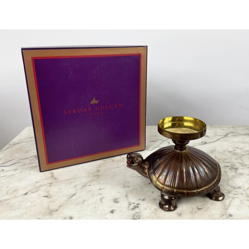 25 - SERDAR GULGUN BRONZE TORTOISE CANDLESTICK, a pair of Made in Paris Chateau De Versailles candles in ... 