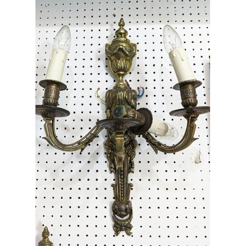 3 - WALL LIGHTS, two pairs, gilt bronze including a pair with draped swag and flamed finial urn, swagged... 