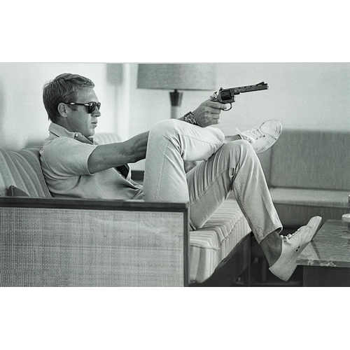 45 - AFTER JOHN DOMINIS, 'Steve McQueen' photo print, 41cm x 64cm, label verso, framed.