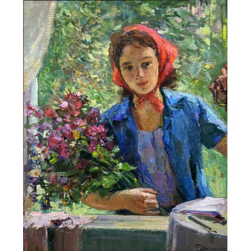 47 - UKRAINIAN SCHOOL, 'Young woman with flowers', oil on canvas, 61cm x 48cm, signed and dated, framed.