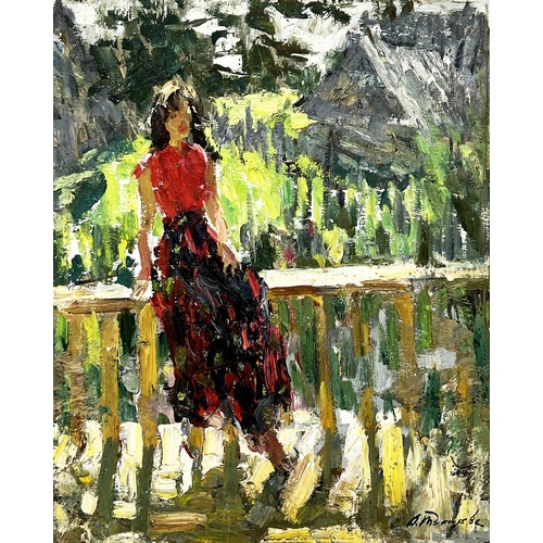 48 - UKRAINIAN SCHOOL, 'Young woman on a terrace', oil on canvas, 60cm x 50cm, signed and dated.