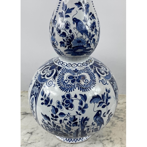 7 - DELFT DOUBLE GOURD VASE, late 19th/early 20th century with blue and white scrolling foliate and bird... 