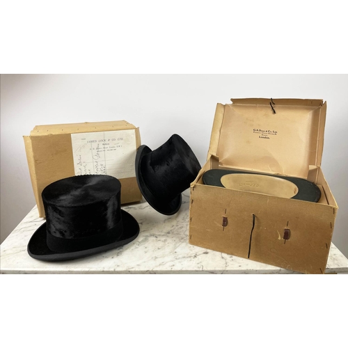 8 - TOP HATS, three, comprising a James Lock and Co Ltd hat, internal dimensions, 20cm x 16cm, a G.A. Du... 