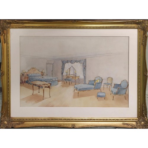 66 - 20TH CENTURY BRITISH SCHOOL, 'Interior designs', watercolours, a pair, 40cm x 64cm, gilt framed. (2)