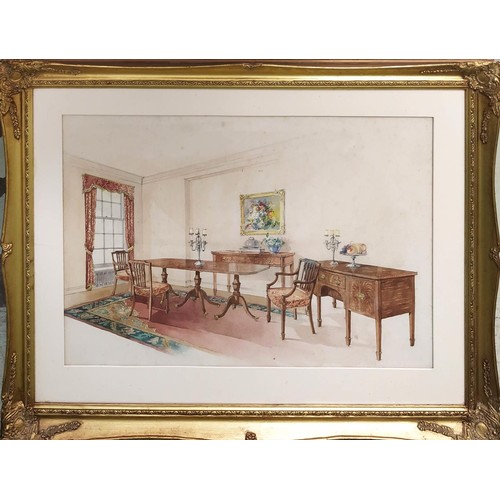 66 - 20TH CENTURY BRITISH SCHOOL, 'Interior designs', watercolours, a pair, 40cm x 64cm, gilt framed. (2)