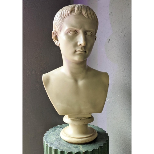 28 - ROMAN EMPEROR STYLE BUST, resin on fluted green painted metal column, 155cm H.