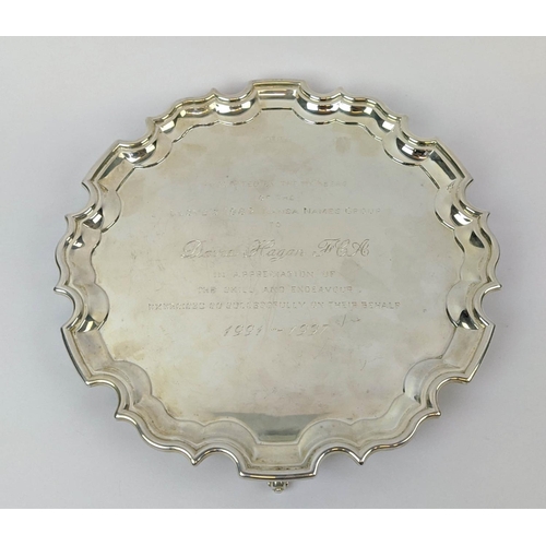 9 - GEORGE II STYLE SILVER SALVER, Sheffield 1997, Carrs of Sheffield, with a presentation inscription, ... 