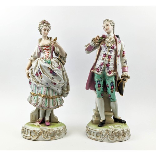 4 - PORCELAIN FIGURES, a pair, Dresden manner, modelled as a gentlemen dandy with rose and a lady with m... 