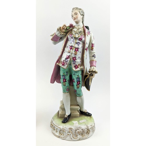 4 - PORCELAIN FIGURES, a pair, Dresden manner, modelled as a gentlemen dandy with rose and a lady with m... 