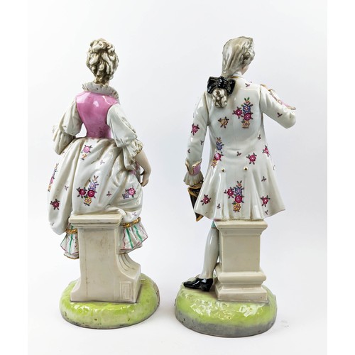 4 - PORCELAIN FIGURES, a pair, Dresden manner, modelled as a gentlemen dandy with rose and a lady with m... 